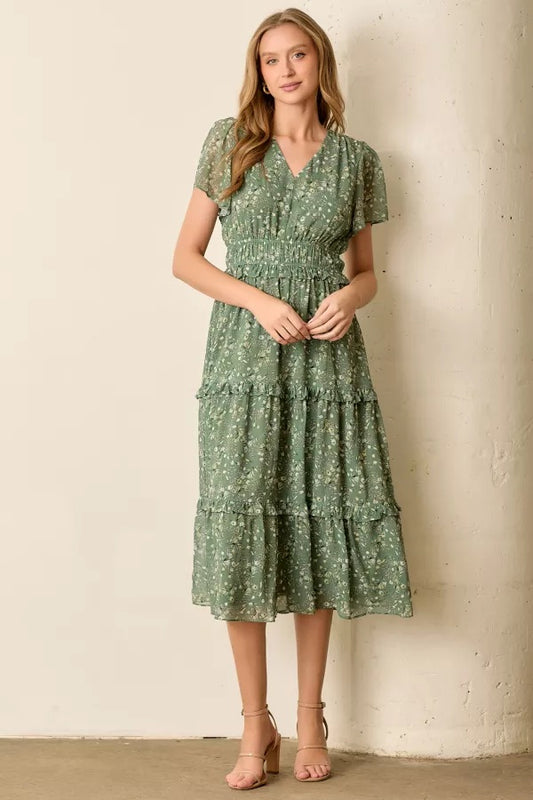 Sage Floral Print V Neck Plus Size Midi Dress