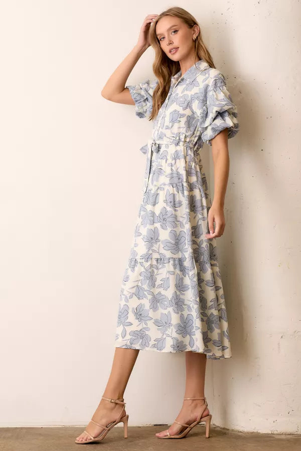 Blue Multi Floral Print Maxi Shirt Dress