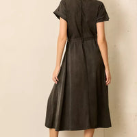 Black Washed Waist Tie Midi Dress
