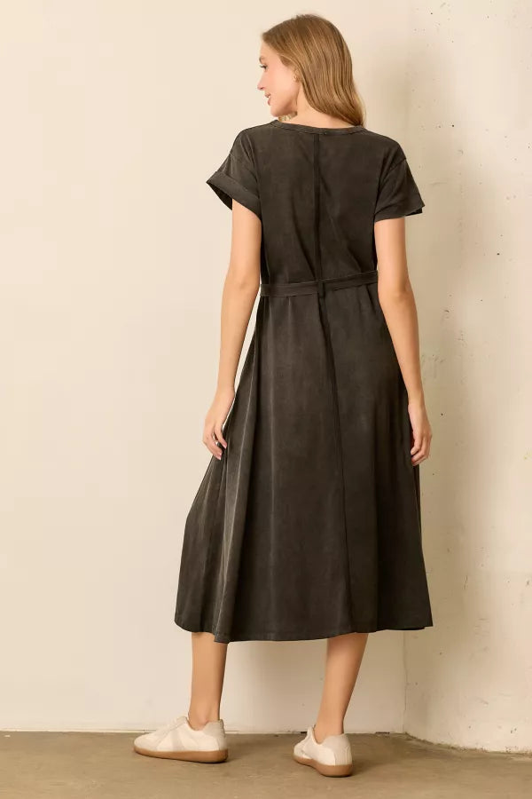 Black Washed Waist Tie Midi Dress