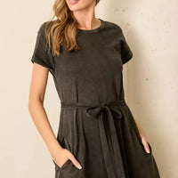 Black Washed Waist Tie Midi Dress