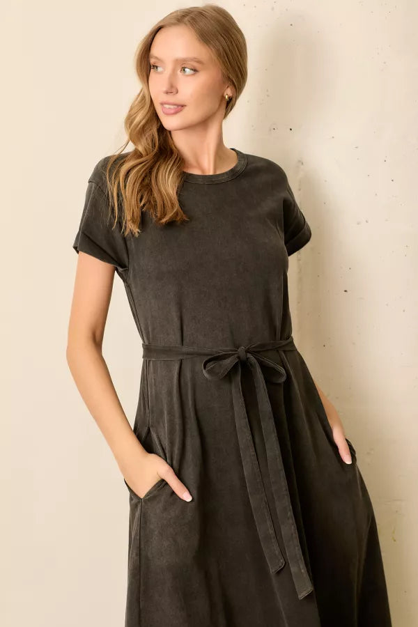 Black Washed Waist Tie Midi Dress