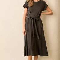Black Washed Waist Tie Midi Dress