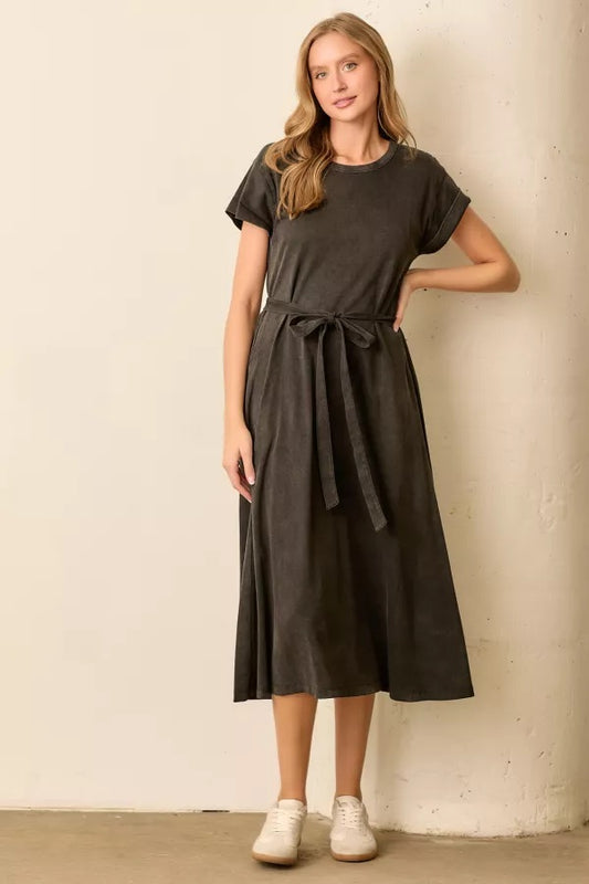 Black Washed Waist Tie Midi Dress