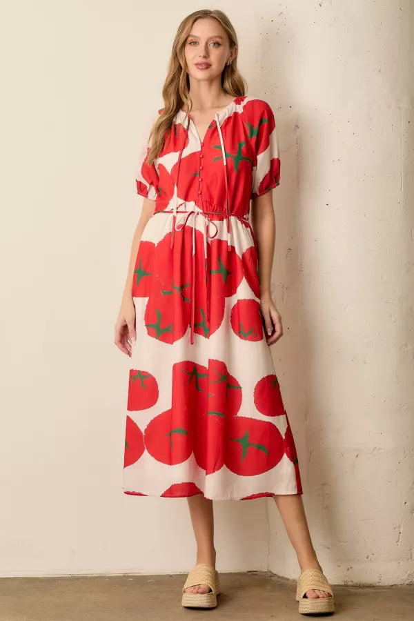 Plus Size Tomato Printed Bubble Sleeve Dress