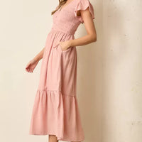 Pink V-Neck Smocked Maxi Dress