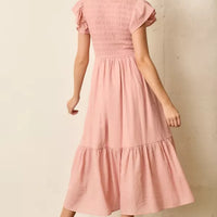 Pink V-Neck Smocked Maxi Dress
