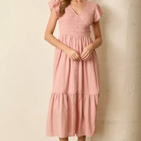 Pink V-Neck Smocked Maxi Dress