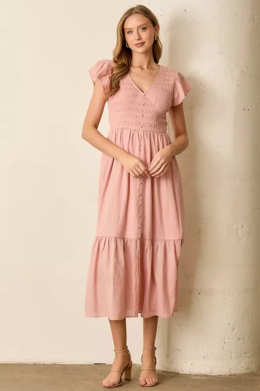 Pink V-Neck Smocked Maxi Dress