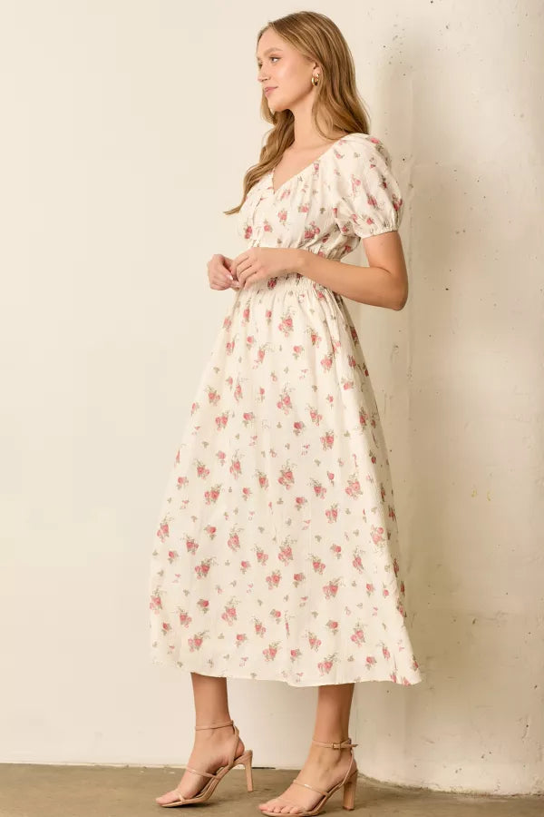 Floral Print Smocked Short Sleeve Maxi Dress