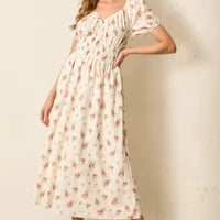 Floral Print Smocked Short Sleeve Maxi Dress