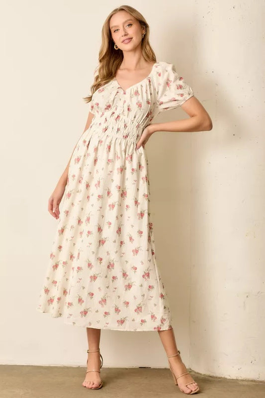 Floral Print Smocked Short Sleeve Maxi Dress
