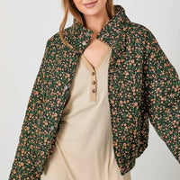 Floral Print Snap Button Puff Jacket