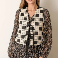 Printed Flower Checker Vest With Tie Detail