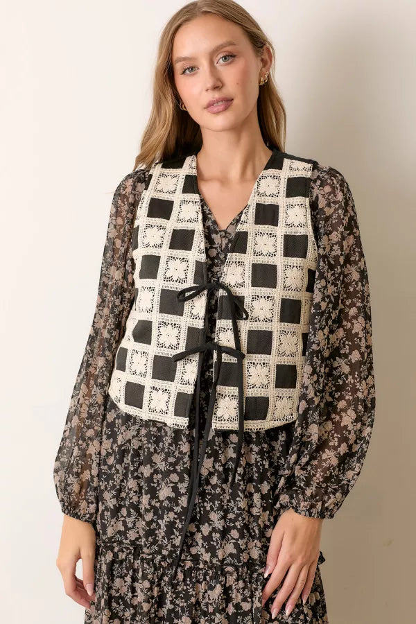 Printed Flower Checker Vest With Tie Detail