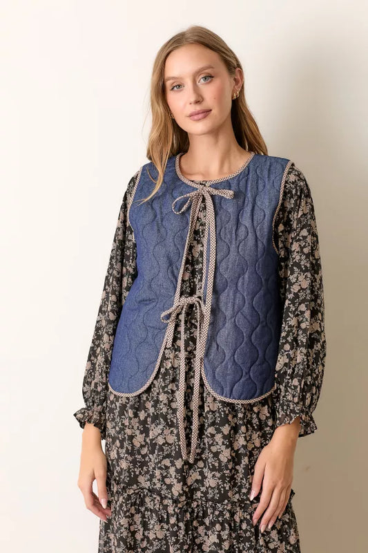 Denim Padded Vest With Tie