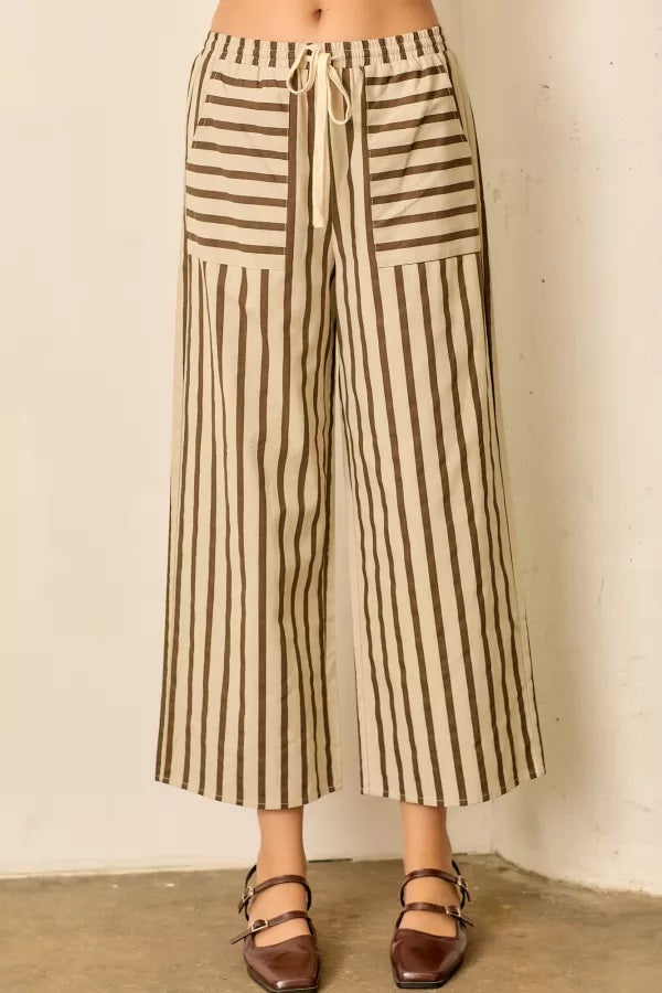 Ivory Brown Pinstripe Elastic Waist Pant