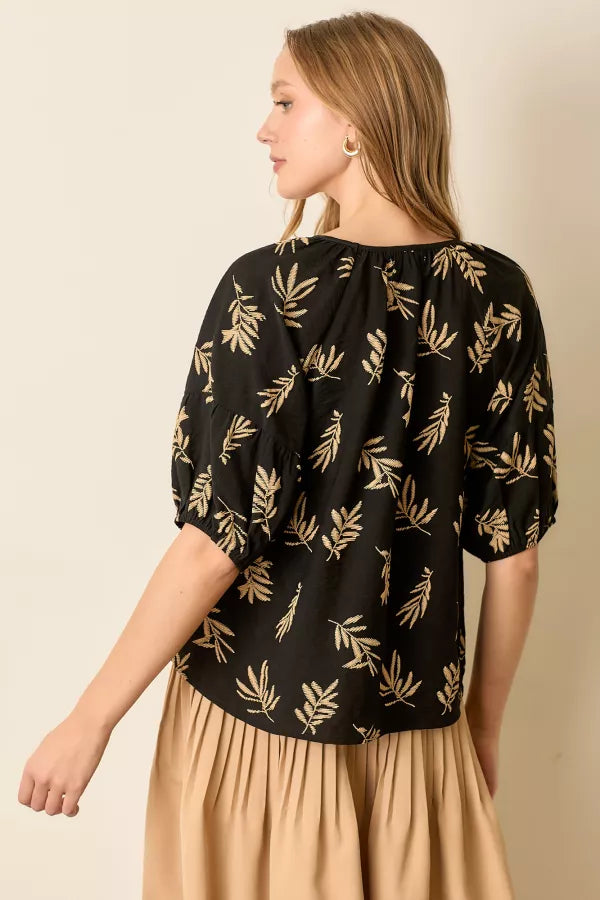 Black Tan Printed Round Neck Short Sleeve Top