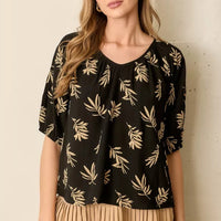 Black Tan Printed Round Neck Short Sleeve Top