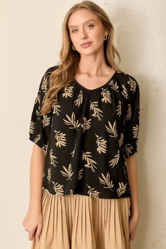 Black Tan Printed Round Neck Short Sleeve Top