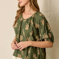 Green Tan Printed Short Sleeve Round Neck Top