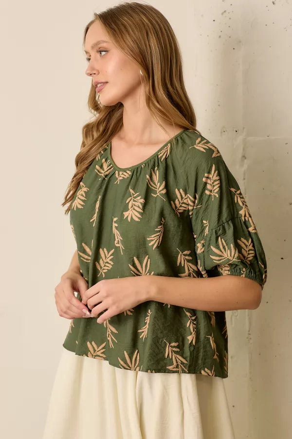 Green Tan Printed Short Sleeve Round Neck Top