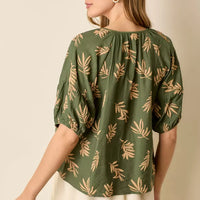Green Tan Printed Short Sleeve Round Neck Top