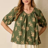 Green Tan Printed Short Sleeve Round Neck Top