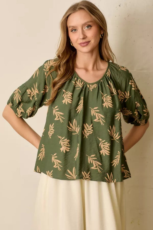 Green Tan Printed Short Sleeve Round Neck Top