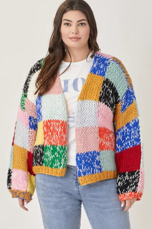 Patchwork Colorblock Plus Size Sweater Cardigan