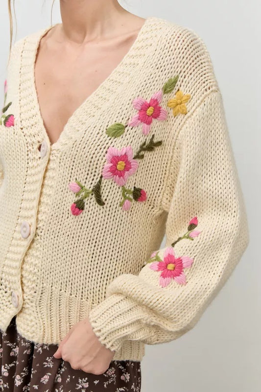 Cream Flower Knit Cardigan