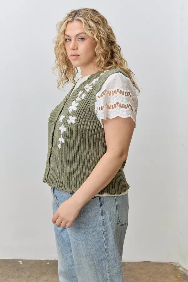 Olive Flower Knit Sweater Vest