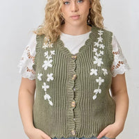 Olive Flower Knit Sweater Vest