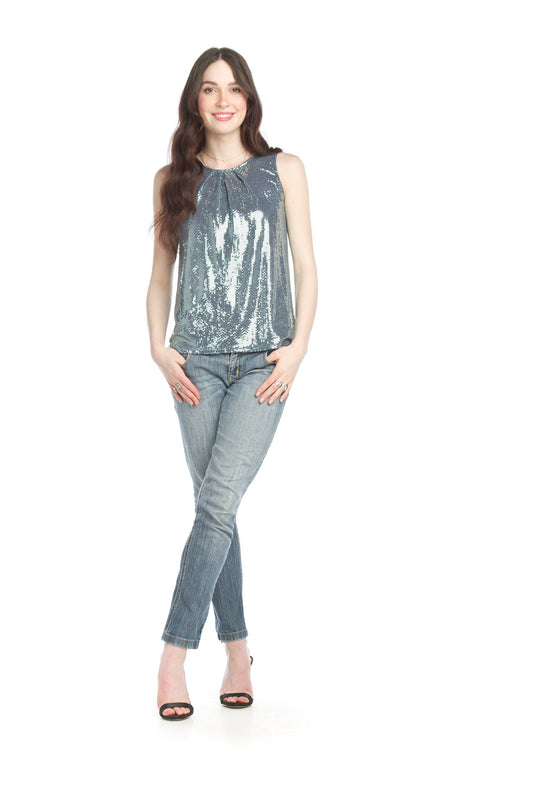 Blue Sequin Pleated Stretch Slvlss Top