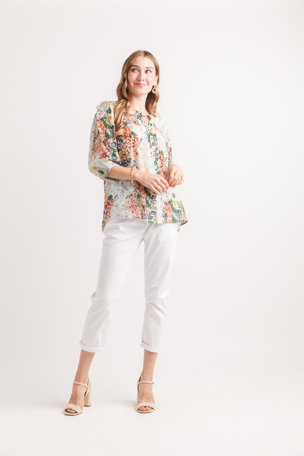 Vintage Floral 3/4 Sleeve Button Top