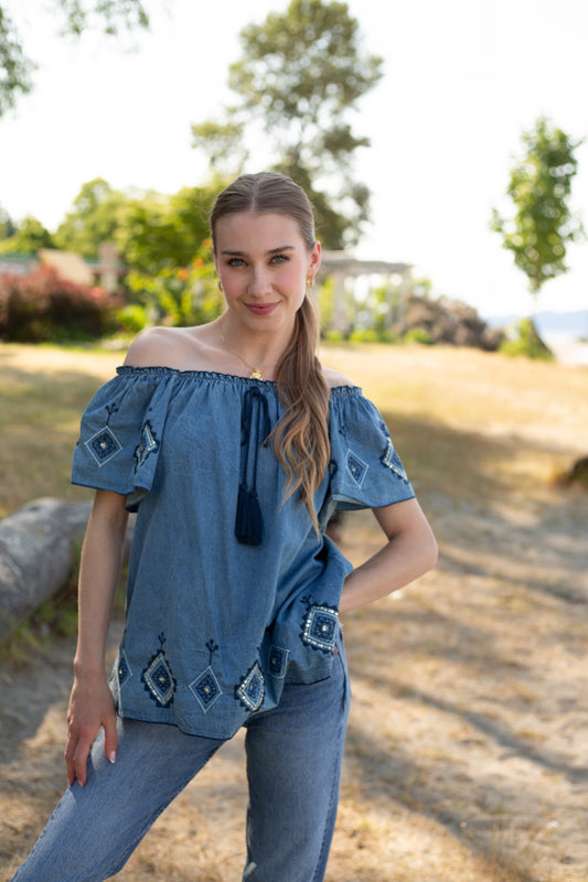 Denim Embroidered Off The Shoulder Blouse