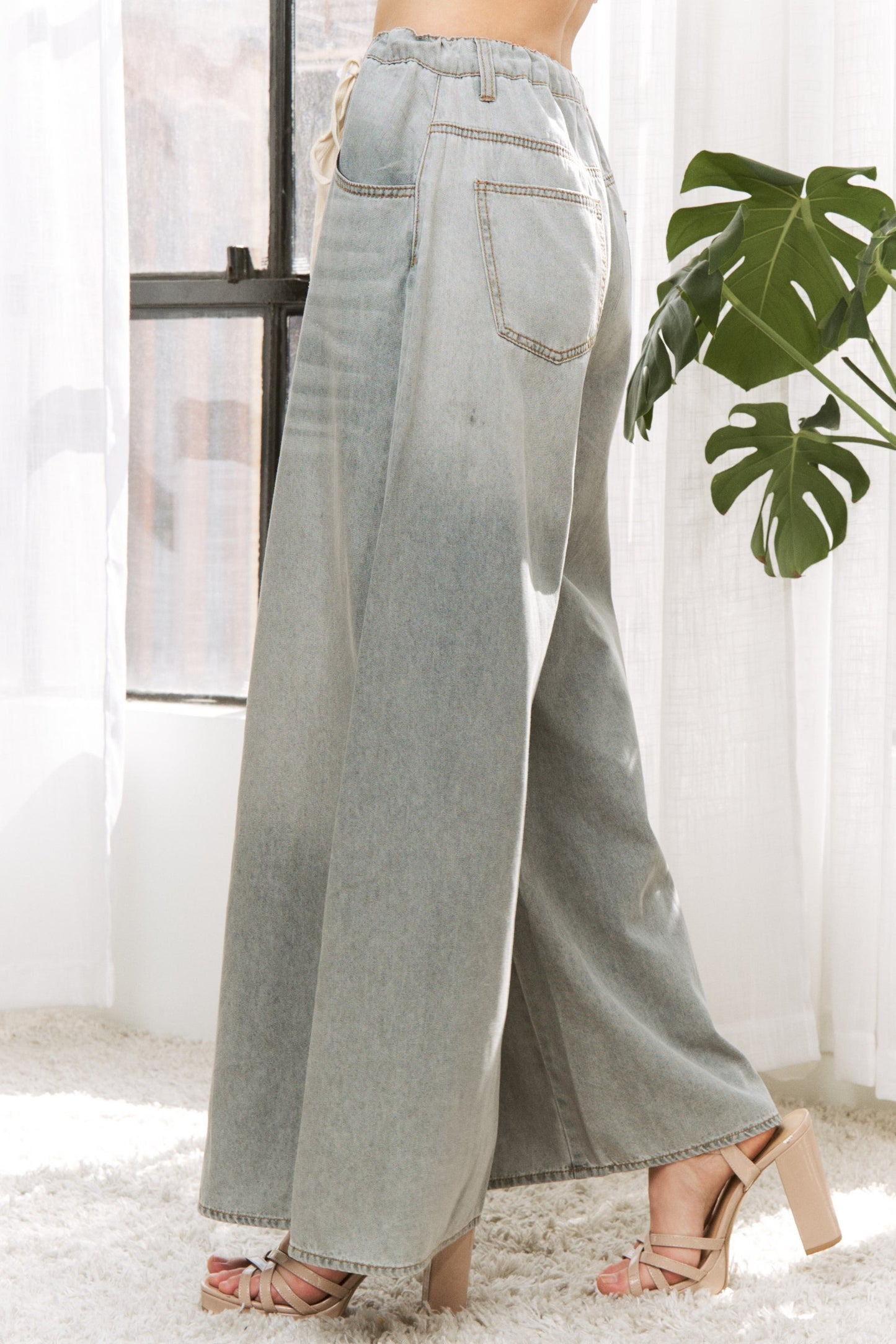 Denim Wide Leg Opening Pants With Drawstring