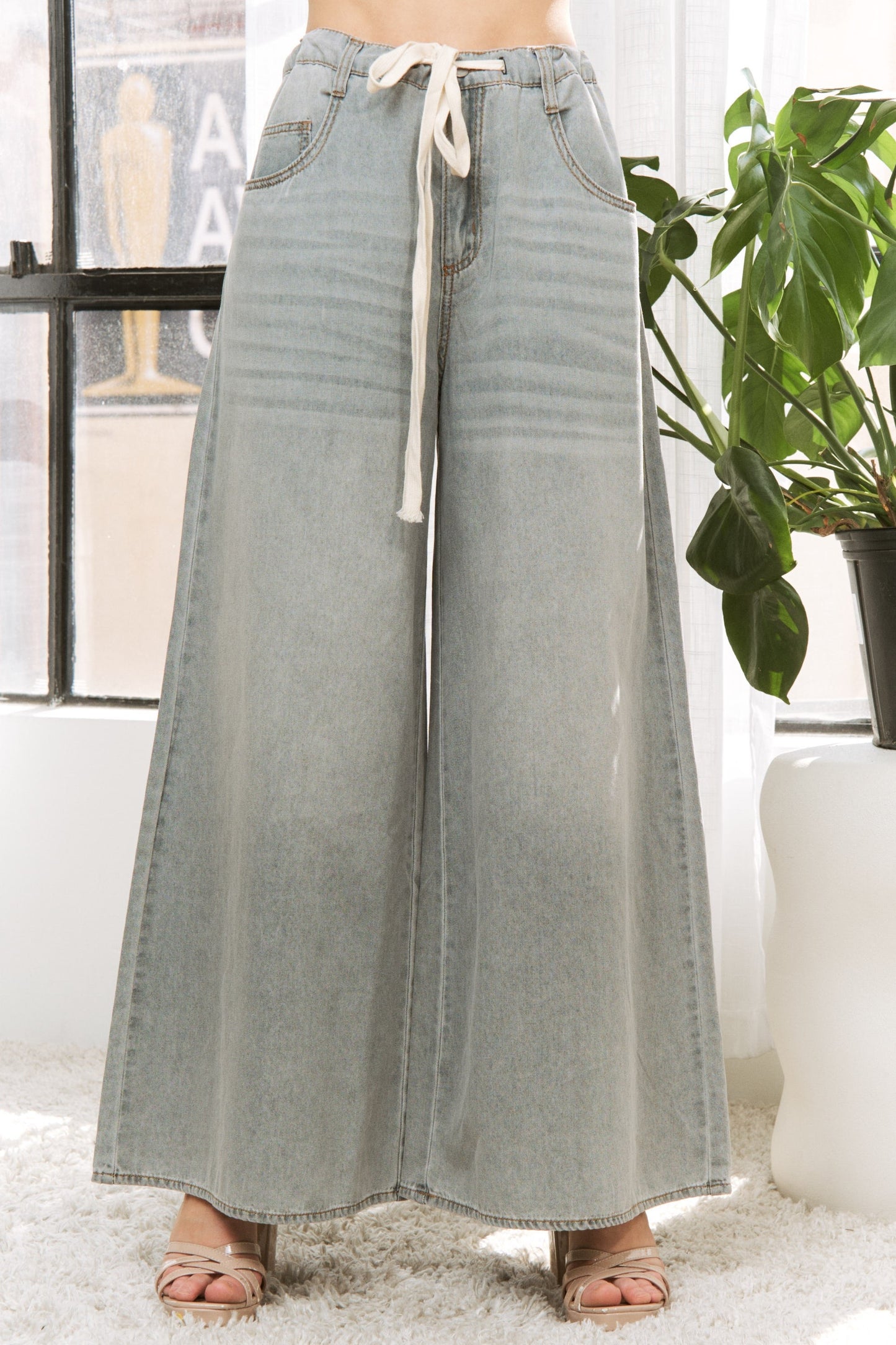 Denim Wide Leg Opening Pants With Drawstring