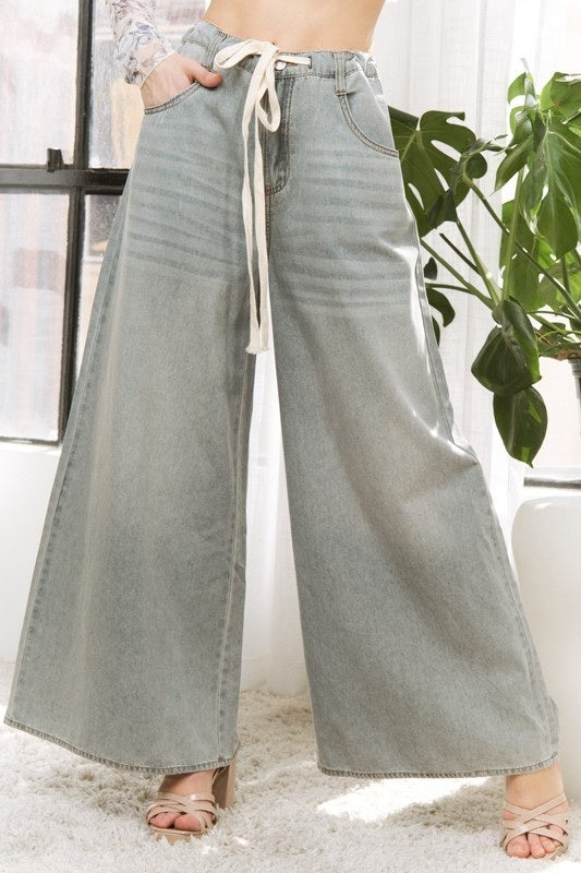 Denim Wide Leg Opening Plus Size Pants With Draw String
