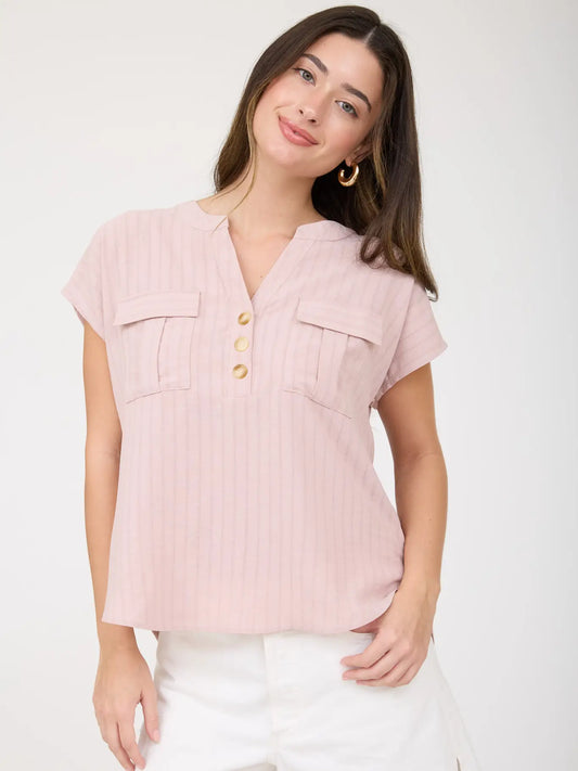 Plus Stripe Pocket Detail Half Button Down Top