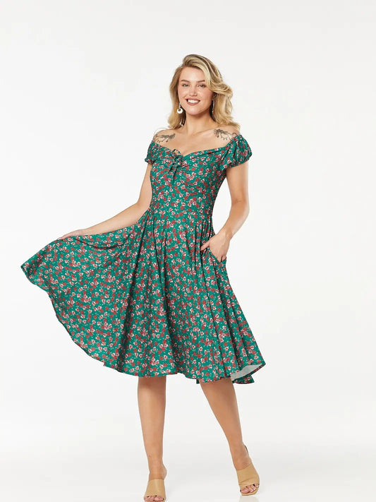 Green Plus Sophia Off-Shoulder Fit&Flare Swing Dress
