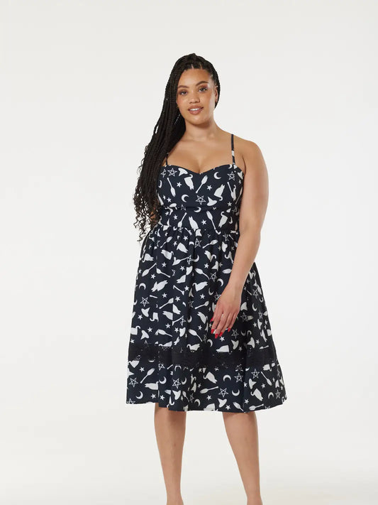 Midi Fit & Flare Witch Print Dress with Lace Hem