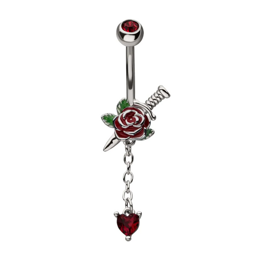 Rose With Dagger And Heart Dangle Navel
