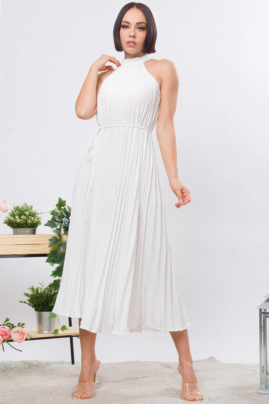 Pleated Waist Belt Mock Neck Midi Dress