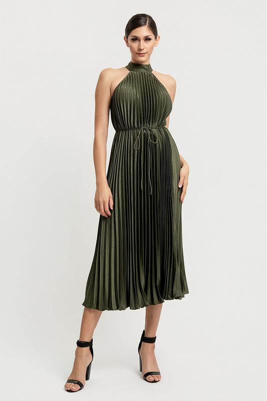 Pleated Halter Neck Midi Dress