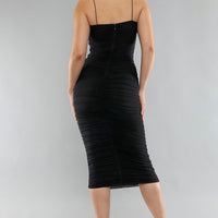 Ruched Spaghetti Strap Mesh Midi Dress