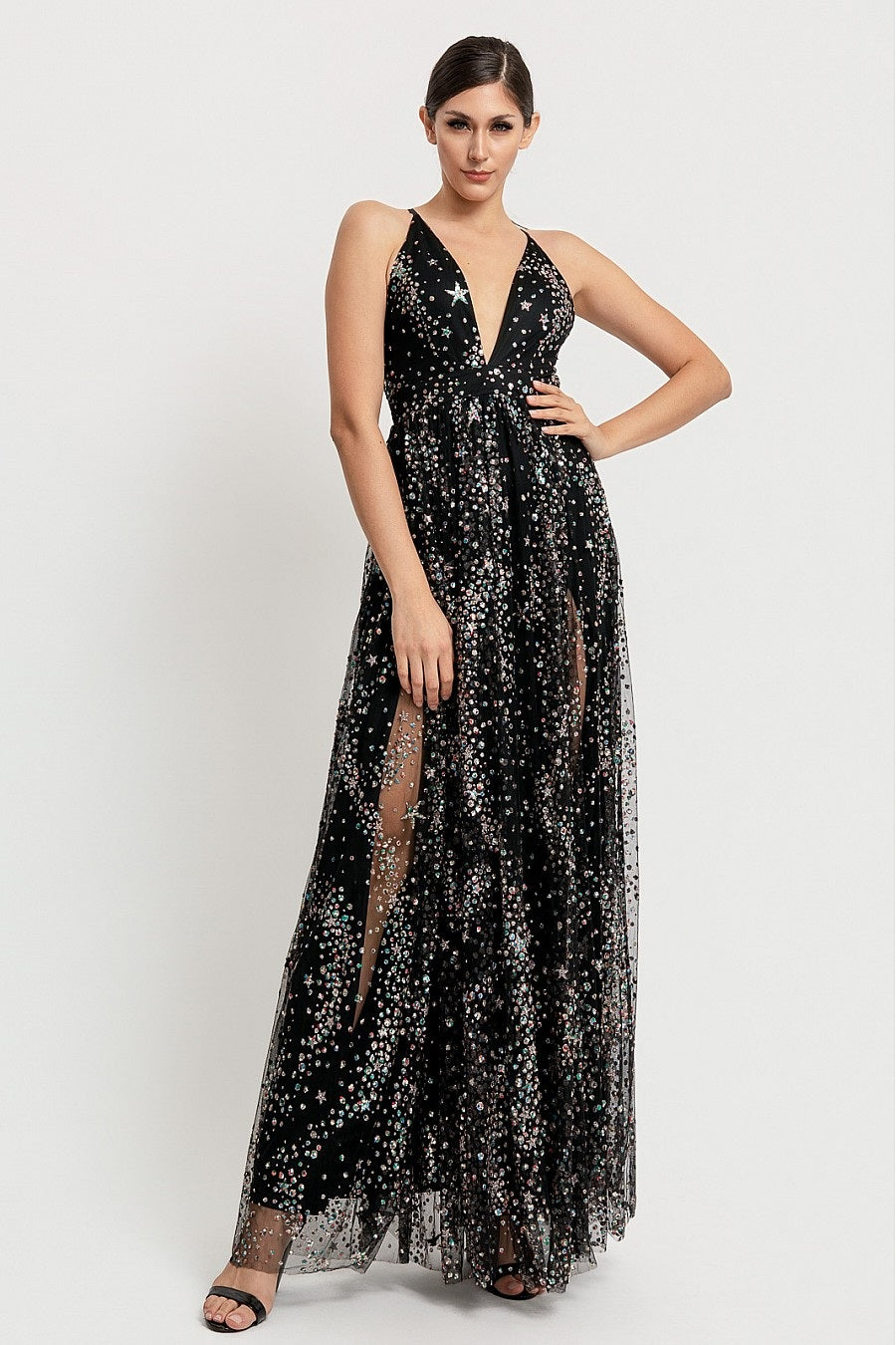 Jeweled Stone V Neck Cross Back Strap Mini Dress