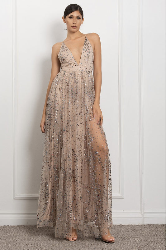 Jeweled Stone Deep N Neck Cross Back Strap Dress