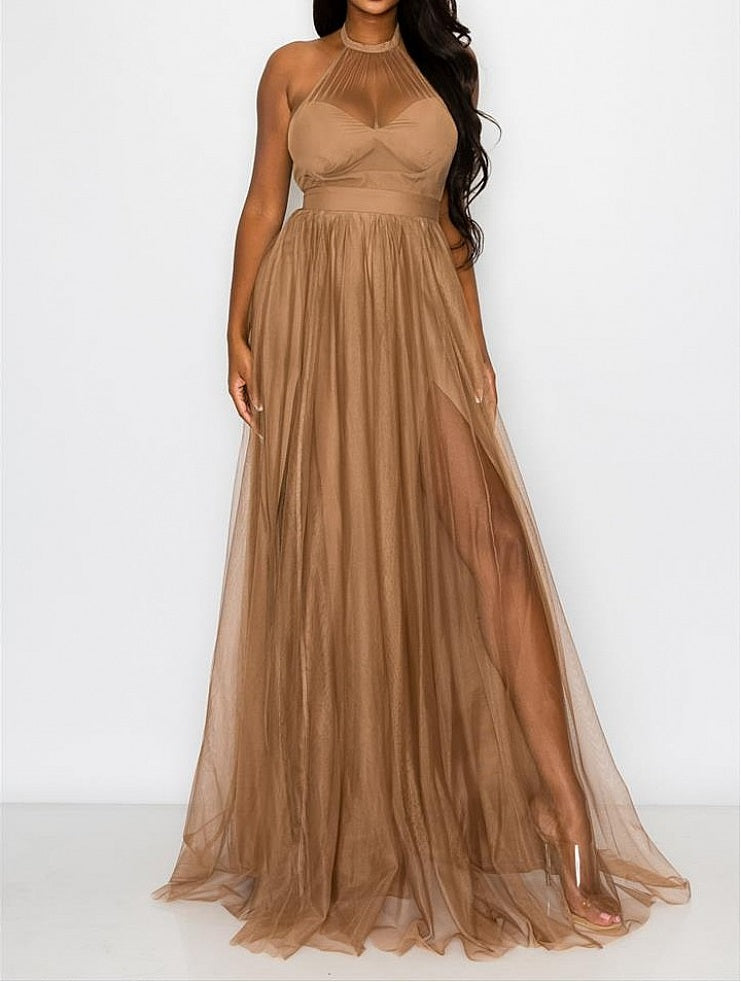 Solid Mesh Halter Maxi Dress