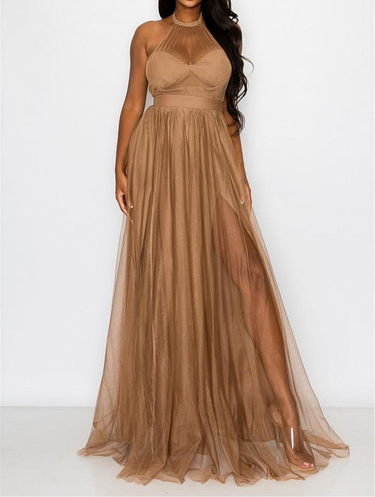 Solid Mesh Halter Maxi Dress
